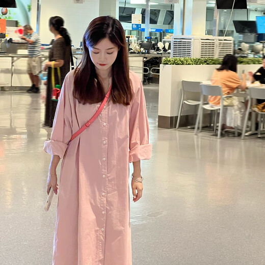 Langyin Maternity Spring Dress 2025 New Maternity Wear Internet Celebrity Loose Fashionable Spring and Autumn Suit Shirt Two-piece Set Pink Shirt Skirt + Dark Gray Leggings M