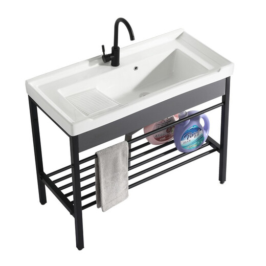 
Wrigley Lang balcony washing sink ceramic washing basin stainless steel bracket washing basin washing sink with washboard balcony ultra-deep washing sink 1048 with black bracket + drain
