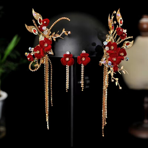 Shengli New New Chinese Style Red Velvet Flower Tassel Headdress Bride Xiuhe Clothing Ancient Style Walking Toast Clothing Hair Accessories Ancient Style Hanfu Headdress Set Ear Hook Style