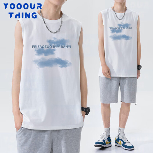 YOOOURTHING2024 spring and summer new waistcoat printed sleeveless vest men's loose casual youth top white XL [recommended 130-170Jin [Jin equals 0.5 kg]]