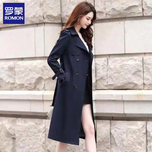 ROMON Lined Windbreaker Women's Mid-Length 2025 Autumn New Korean Style High-Quality Coat Women's Versatile Over-the-Knee Jacket Navy Lined L Recommended 116-130 Jin Jin equals 0.5 kg