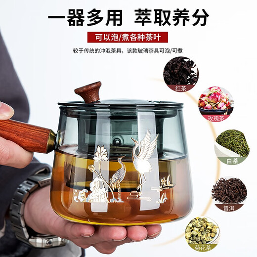 Zhengyang glass tea set small set household kung fu tea cup side handle teapot tea set complete set simple office meeting guests drinking tea ash trapezoid intuition-6 color handle cup lotus crane 10 pieces