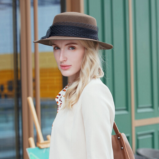 EE new winter style British retro versatile wool hat Winter Australian woolen casual hat for women Brown + black gauze (no decoration) M (56-58cm)