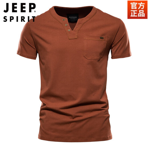 JEEP SPIRIT2025 new men's short-sleeved T-shirt pure cotton Henry open collar small v-neck top solid color slim bottoming shirt men's summer black 100% cotton XL weight recommendation 153-170Jin Jin equals 0.5 kg