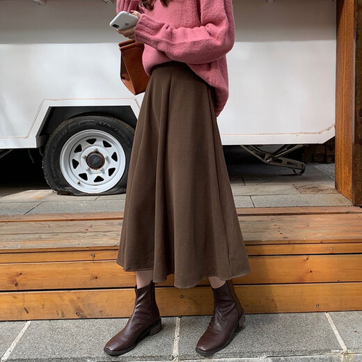 Trendy brand Avmko skirt women's autumn and winter new style retro temperament mid-length high-waisted a-line fairy skirt drape solid color pleated woolen umbrella skirt black L