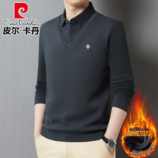 Pierre Cardin brand autumn and winter men's fake two-piece velvet collar striped casual pullover bottoming shirt men's top khaki 4XL 130-