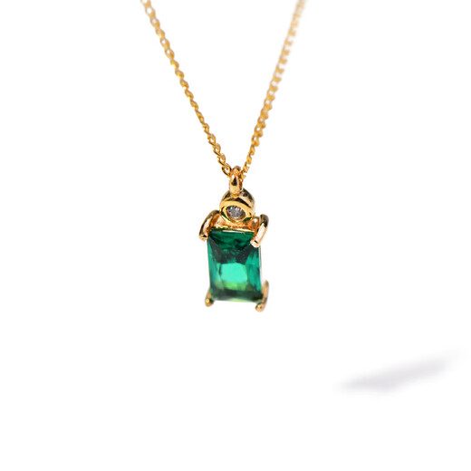 Golden fork Seoul k gold pure 14k gold Korean necklace four-claw green zircon rectangular pendant necklace clavicle chain