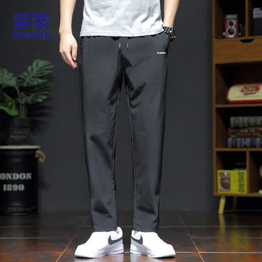 ROMON casual pants men summer trendy sports stretch straight pants men ice silk quick-drying nine-point pants men black XL