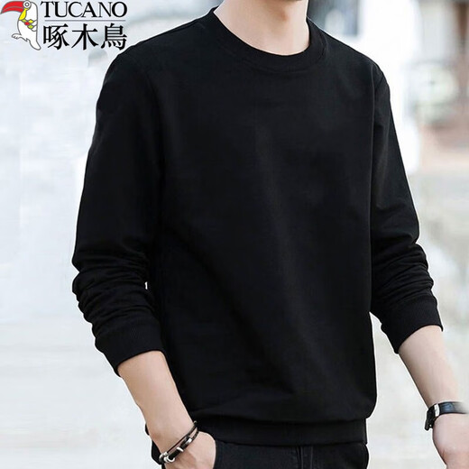 Woodpecker (TUCANO) cotton sweatshirt men's round neck spring, autumn and winter new loose velvet thickened bottoming shirt men's youth long-sleeved t-shirt black-velvet XL (recommended 120-135 Jin Jin equals 0.5 kg)