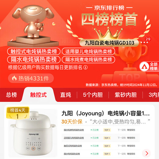 Joyoung electric stew pot small capacity 1L household baby porridge pot baby food supplement pot soup bird's nest electric stew pot water-proof stew household white porcelain multi-function pot GD103 (anti-scald handle) 1L
