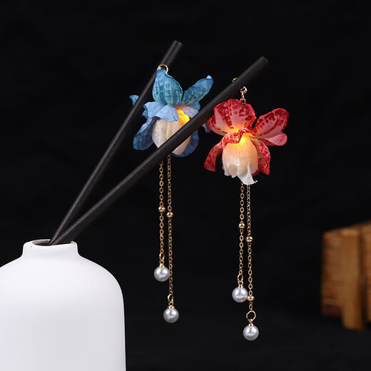 LEMIAO Ancient Style Tassel Hairpin Luminous Lantern Hairpin Silk Flower Wood Hairpin Palace Fairy Headdress Daily Versatile Hair Accessories Women Lantern Holding Candle - Blue