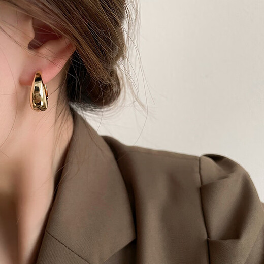 Bai Qixin oval plain hoop earrings ins cold style simple light luxury high-end earrings temperament geometric earrings female Internet celebrity earrings oval plain hoop earrings gold