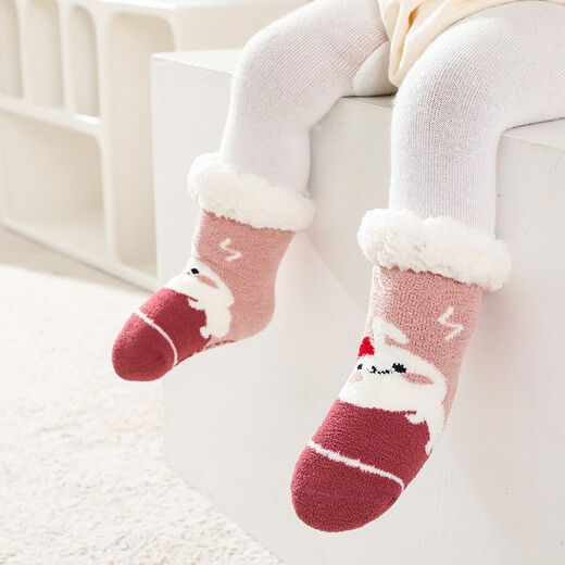 Wenlixuan winter velvet baby floor socks children's non-slip socks men's and women's socks thickened and warm cartoon mid-tube sleep socks Khaki Snowman S size 0-2 years old