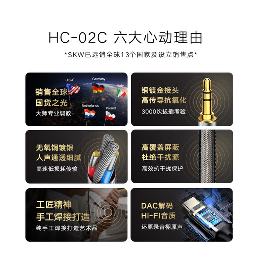 SKW 发烧级 type-c转3.5mm音频线 镀银AUX车载线 DAC解码 适苹果15/16华为安卓手机音响线 HC02C-1米