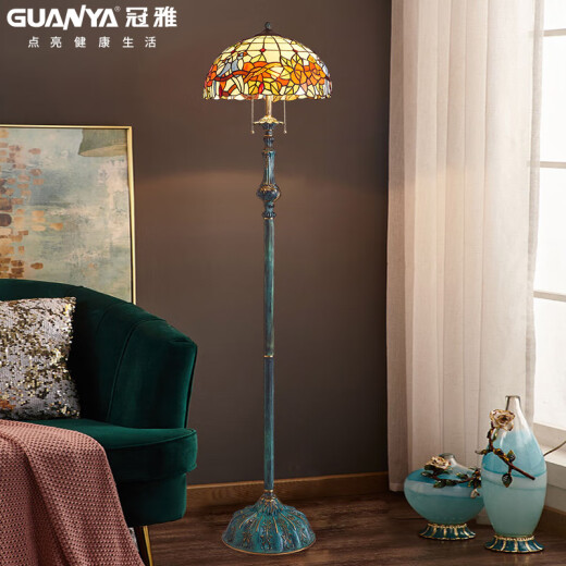 Guanya high-end floor lamp American all-copper retro standing lamp living room high-end atmosphere study room villa decoration French floor lamp frosted lampshade with 12-watt three-color light bulb