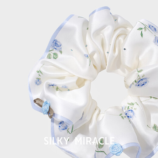SILKY MIRACLE Silk Hair Tie London Rose Series Rose Mulberry Silk Crystal Head Flower Sweet Premium Gift Light Blue Rose Crystal Hair Tie