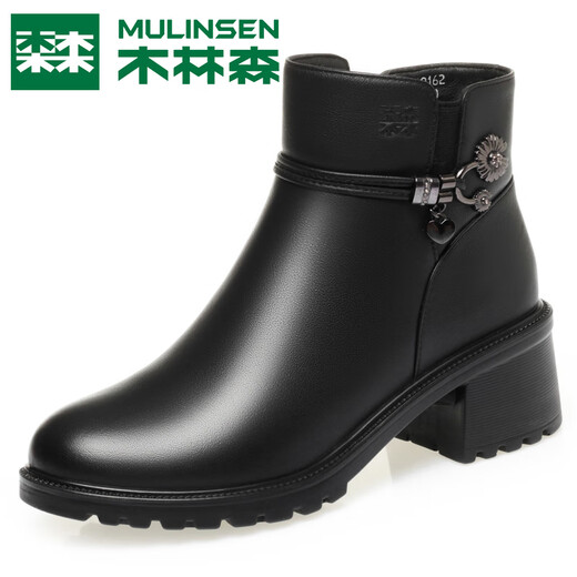 Mulinsen winter women's boots genuine leather wool Martin boots women's cotton shoes middle-aged women mother's leather shoes women's thick heel warm short boots for women MLS209162 wool lining 38
