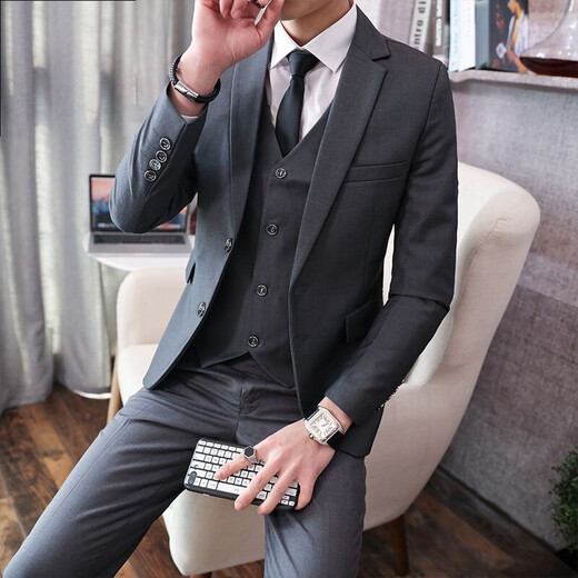 Kaduton suit men's three-piece professional business small suit formal jacket men's slim groom's wedding dress black double button suit + trousers + shirt XL 116-126Jin Jin equals 0.5 kg + 8 gifts