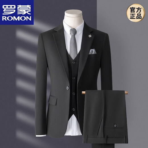 ROMON high-end suit men's three-piece Korean style slim business casual suit groom's wedding dress black top + pants shirt tie M