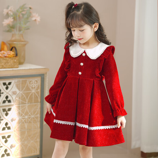 Anneyol Girls' Dress Autumn 2025 New Autumn Clothes Little Girls Autumn and Winter Skirts Children's Fashionable Girls' Clothes Princess Skirt Red Velvet 130