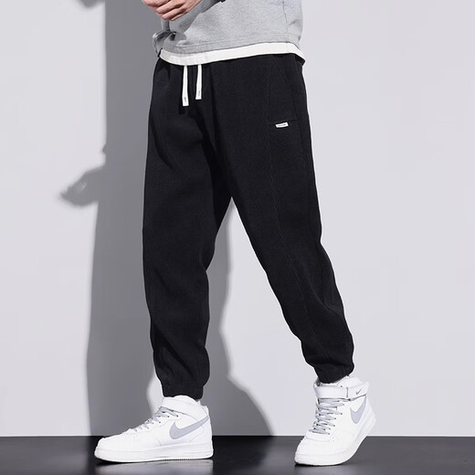 Woodpecker casual pants men's autumn and winter new loose sports leggings men's plus velvet warm corduroy versatile long pants for men 266 black plus velvet 2XL (recommended 150-160Jin Jin equals 0.5 kg)