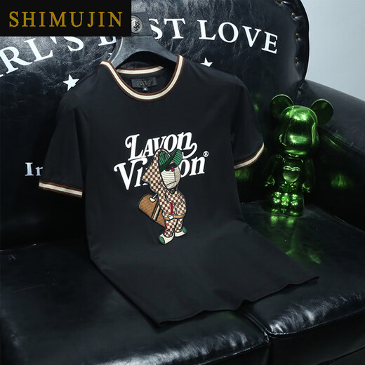 SIMU HIBISCUS MARCHA LA CAMISA MENOR MENORA CONTRA Europa Summer Nuevo bordado Cuella del Slim-Fit Camisa de base de media manga SMJ9793Z Negro 4xl