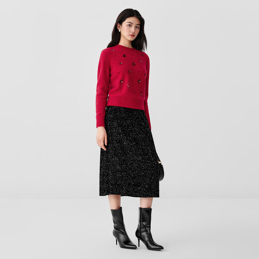 Collatier's 2025 winter new style Starlight Knitted Sheep Wool Sequin Embroidered Sweater Women's Sweater Bright Red S