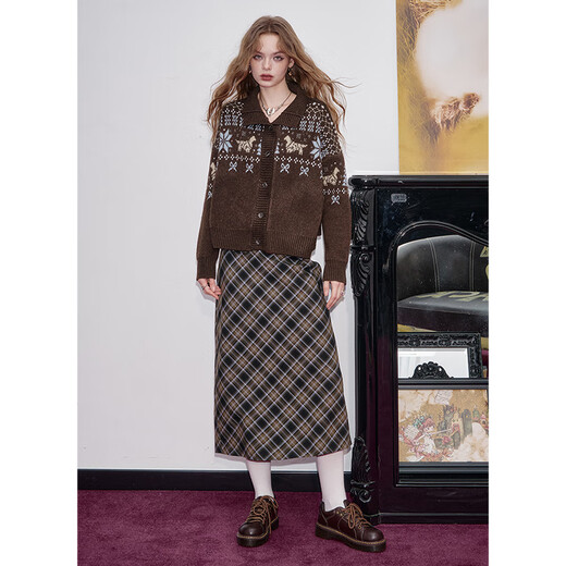 Fairy Pocket Polo Collar Fair Isle Cardigan Sweater Women's 2025 Autumn and Winter New Retro Lazy High-Quality Fair Isle Coffee Color M