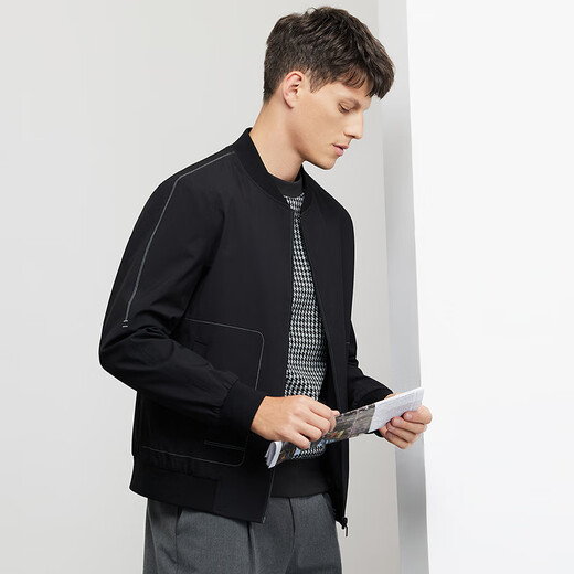 Dances with Wolves Topstitch Design Baseball Collar Jacket Men's Exquisite Lined Windproof Jacket 001 Black 175