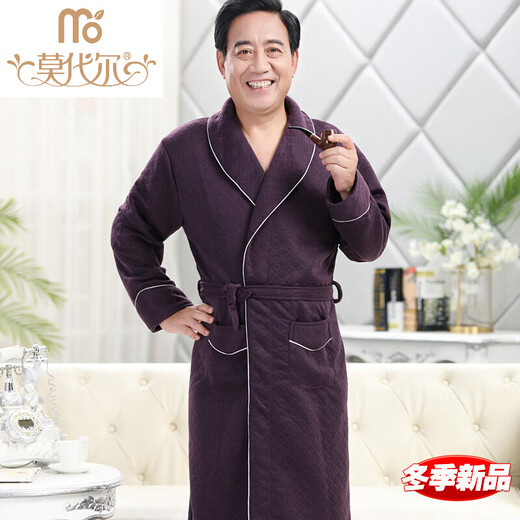 莫代尔夹层秋冬季男士睡袍中老年纯棉加厚长款冬天大码保暖中年爸爸睡衣 A1048-三层加厚夹棉睡袍-内外全棉都不起球 L (160) -