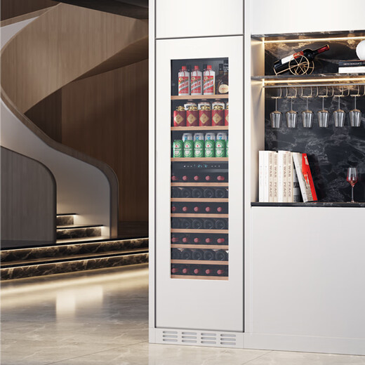BAIKAILUN seamlessly embedded wine cabinet custom door refrigerator cabinet fully hidden beverage tea cabinet thermostatic cabinet fully embedded ice bar thermostatic wine cabinet light luxury home refrigerator multi-function display cabinet first-level energy efficiency | single temperature | ice bar style 150L custom cabinet door