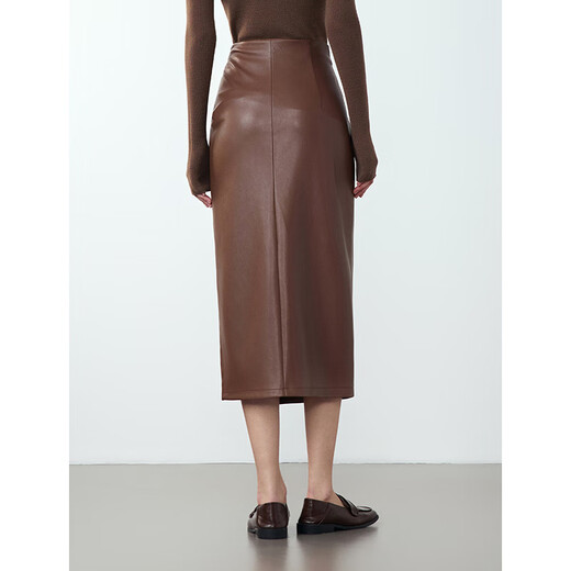 Langzi retro high-waist straight temperament slim slim leather skirt mid-length commuter casual skirt new winter style dark coffee color 2 M