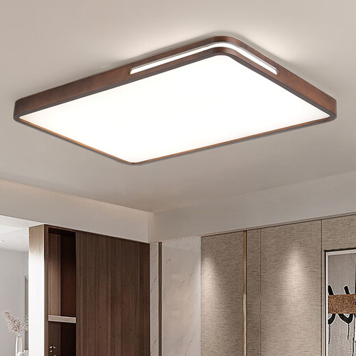 Deng Shige new Chinese style solid wood ceiling lamp tea room study bedroom dining room living room Chinese style walnut Guangdong Zhongshan lamp round 50CM hollow walnut 36W three-tone lighting without remote control