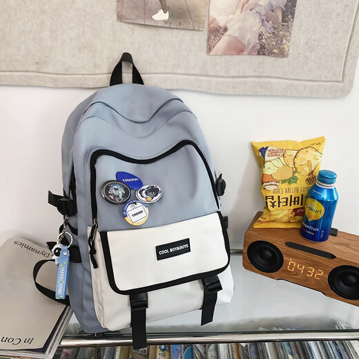 Double Star Schoolbag Men's Backpack Backpack Women's Korean Version Junior High School High School College Student Large Capacity Water-Repellent Laptop Blue Large Pendant + Badge