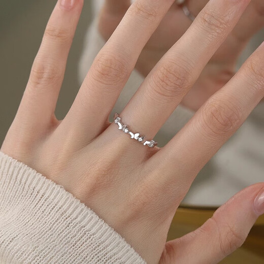 Qi Xiaomi Pure S999 Pure Silver Butterfly Ring Girls Open Ring Sparkling Diamond Adjustable Index Finger Ring Birthday Gift for Girlfriend 999 Pure Silver Butterfly Ring-Open