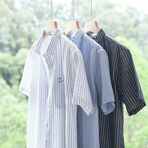 Songshiker summer casual short-sleeved striped shirt men's loose shirt new men's Japanese style literary shirt base shirt 9740 black L