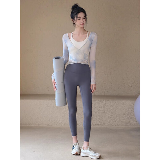 LULU CENTURY yoga wear for women in autumn and winter new sports top with chest pad, long-sleeved Pilates training fitness suit for women, khaki blouse + khaki bra M (recommended 95-110 Jin Jin equals 0.5 kg)