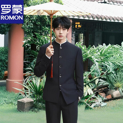 ROMON New Chinese style Chinese tunic suit Chinese style stand collar loose suit suit men's wedding and engagement wedding Chinese style high-end black jacket L