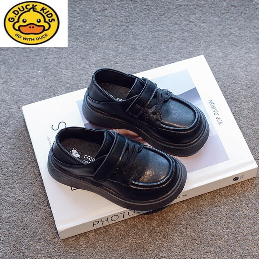 G.duck children's small leather shoes 2023 spring new British style loafers versatile shoes boys and girls black performance shoes Velcro black size 15 26 inner length 16.2cm