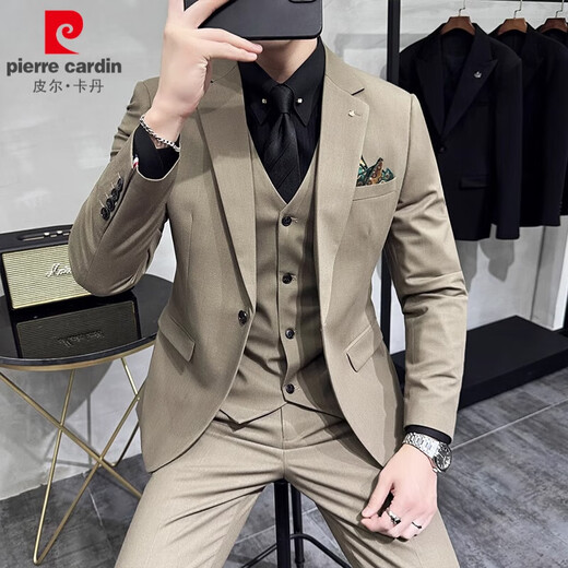 Pierre Cardin Groom Suit Men's Wedding Dress Casual Professional Formal British Slim Fit Small Suit Jacket Black Three-piece Suit + Vest + Pants 54/2XL 135-148Jin Jin equals 0.5 kg Wear