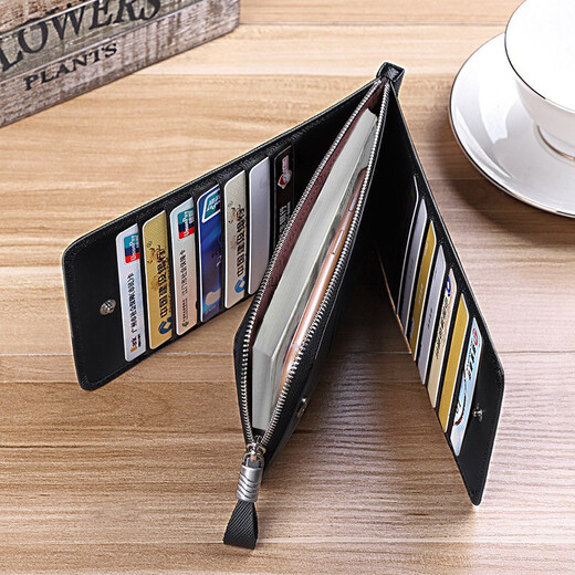 WILLIAMPOLO Anti-theft Card Holder Men's Wallet Long Genuine Leather Multi-Slot Leather Clip Top Cowhide Zipper Card Holder Large Capacity Clip Blue Cross Pattern