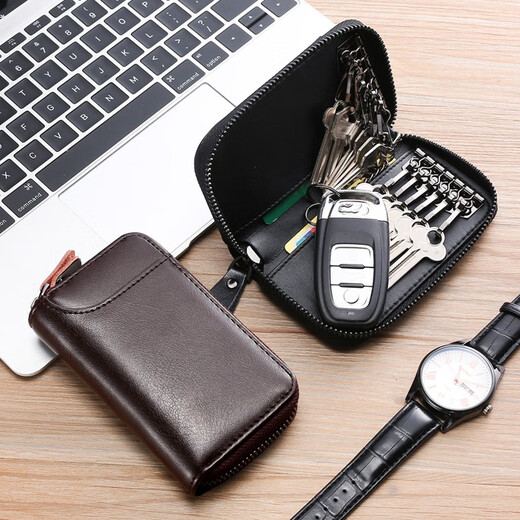 MAIWEINI genuine cowhide car key bag men's large capacity zipper bag women's waist hanging key bag trendy card bag driver's license black 12 key slots + 2 card slots