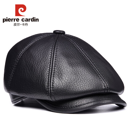 Pierre Cardin trendy goatskin casual duck cap autumn and winter middle-aged and elderly outdoor travel octagonal hat men's newsboy hat black medium size XL (57-58cm)