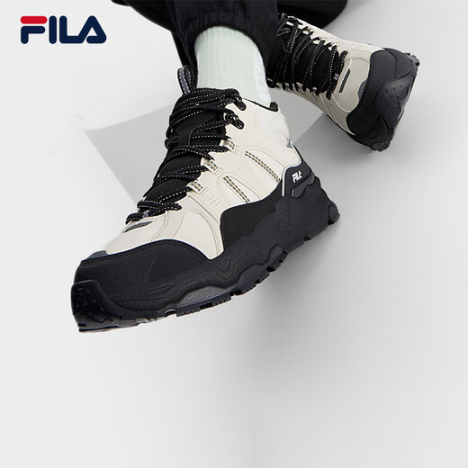 FILA women's mid-cut plus velvet dad shoes casual shoes winter warm thick-soled sneakers turtledove yellow/black-TB 37.5