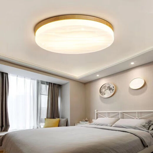 Vinoa simple Japanese starry sky lamp bedroom room led ceiling lamp Nordic log children's study internet celebrity round lamp solid wood color 26CM-white light 18 watts