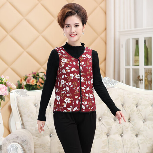 丝煌蚕丝马甲女手工100%桑蚕丝棉袄背心开衫冬季保暖内穿坎肩内胆大码 枣红白花3519 M [建议95-105斤]