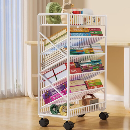 Jungle movable tableside storage small bookshelf classroom desk student books wheeled storage rack bookshelf five-layer white