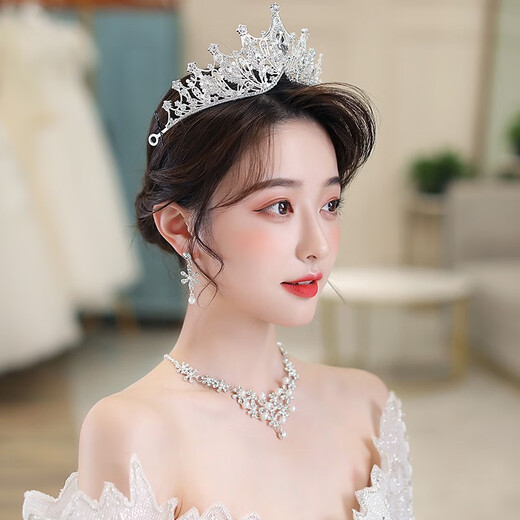 Hongzhuangnuo Bridal Crown Three-piece Set Wedding Certificate Veil Earrings Accessories Crown Tiara Necklace Proposal Exquisite Jewelry Women C5Y408 Crown Three-piece Set (Ear Acupuncture Style)