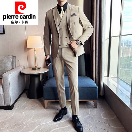 Pierre Cardin double-breasted business casual striped suit men's slim formal slit groom's groomsman suit knitted navy one-piece suit S