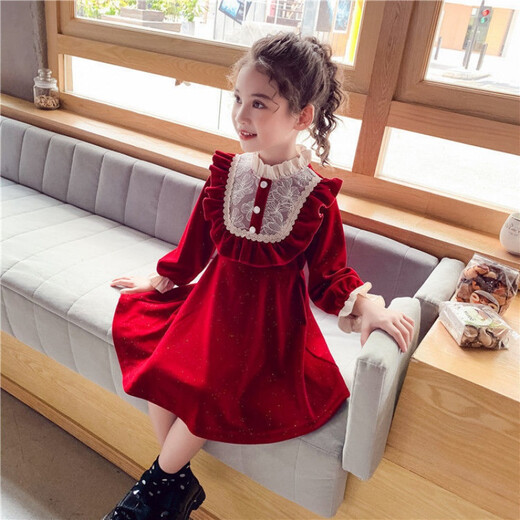 Xiaoqiao Fox 2026 winter new style girls red velvet dress children's velvet New Year's greetings girl princess skirt QQB red lace skirt velvet winter style 120